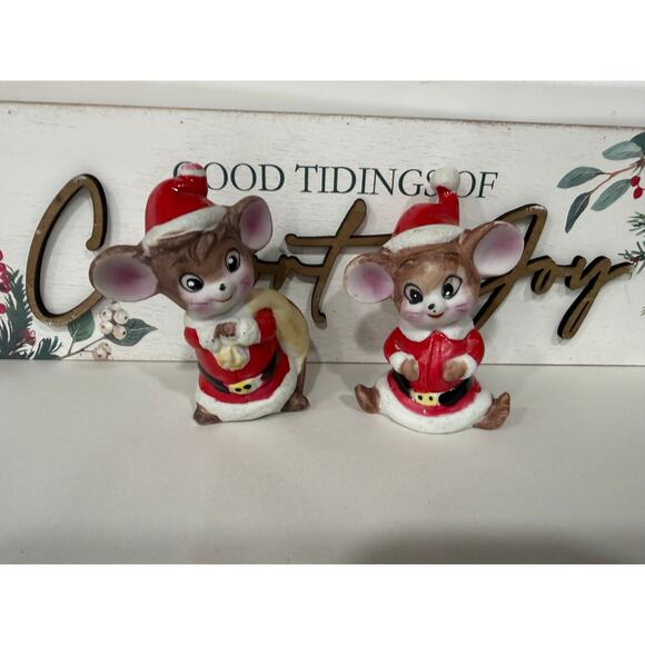 Vintage Santa Mouse Figurines, Taiwan Ceramic Pair, Christmas Shelf Sitter Decor - Picture 11 of 11